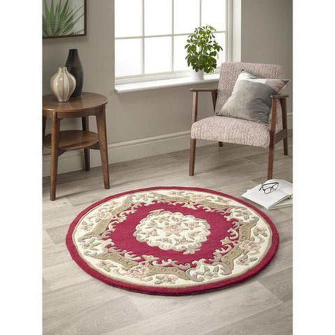 Shensi Traditional Floral Aubusson Medallion Border French-Style Hand-Carved Hi-Low Textured Soft Durable Wool Wine Red Round Rug-Origins-Rug Love - The Most Loved Rug Store