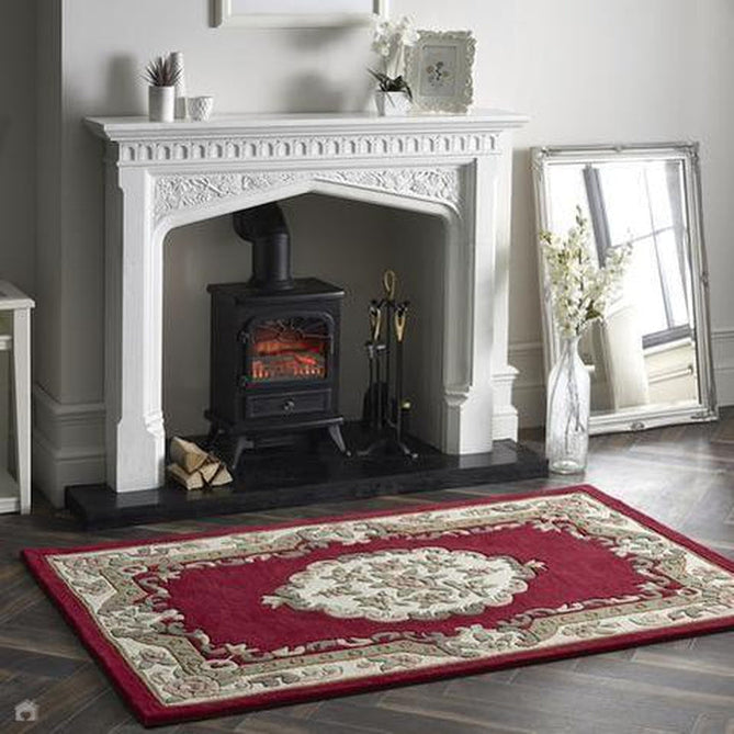 Shensi Traditional Floral Aubusson Medallion Border French-Style Hand-Carved Hi-Low Textured Soft Durable Wool Wine Red Rug-Origins-Rug Love - The Most Loved Rug Store