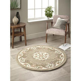 Shensi Traditional Floral Aubusson Medallion Border Oriental Chinese Style Hand-Carved Hi-Low Textured Wool Beige/Brown Round Rug