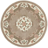 Shensi Traditional Floral Aubusson Medallion Border Oriental Chinese Style Hand-Carved Hi-Low Textured Wool Beige/Brown Round Rug