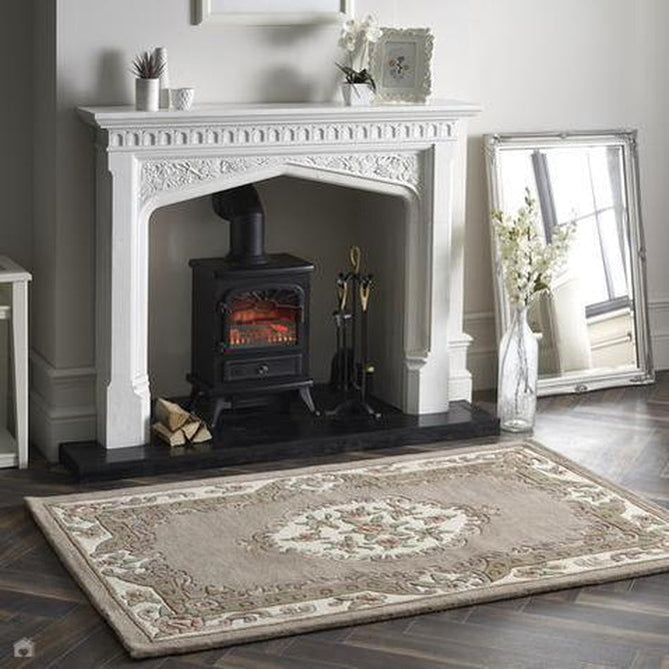 Shensi Traditional Floral Aubusson Medallion Border Oriental Chinese Style Hand-Carved Hi-Low Textured Wool Beige/Brown Rug-Origins-Rug Love - The Most Loved Rug Store