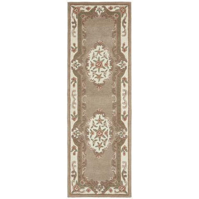 Shensi Traditional Floral Aubusson Medallion Border Oriental Chinese Style Hand-Carved Hi-Low Textured Wool Beige/Brown Runner-Origins-Rug Love - The Most Loved Rug Store
