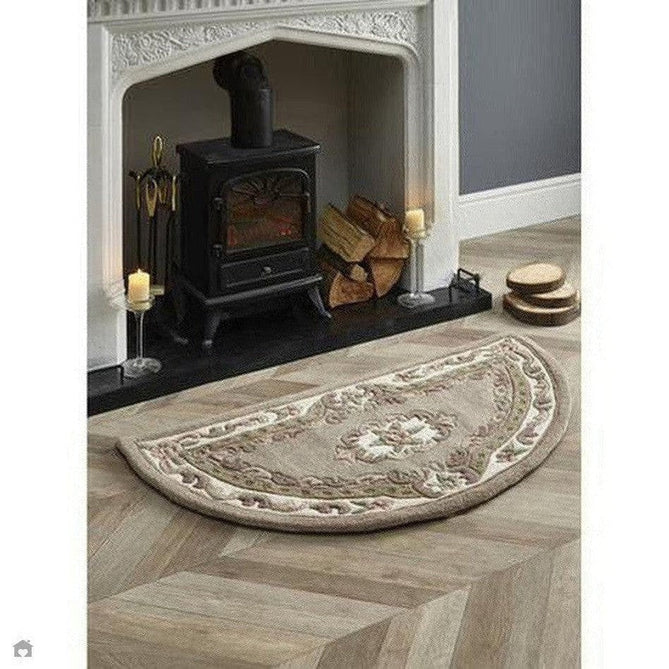 Shensi Traditional Floral Aubusson Medallion Border Oriental Chinese Style Hand-Carved Hi-Low Textured Wool Beige/Brown Semi-Circle Half Moon Hearth Rug-Origins-Rug Love - The Most Loved Rug Store