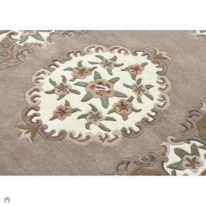 Shensi Traditional Floral Aubusson Medallion Border Oriental Chinese Style Hand-Carved Hi-Low Textured Wool Beige/Brown Semi-Circle Half Moon Hearth Rug-Origins-Rug Love - The Most Loved Rug Store