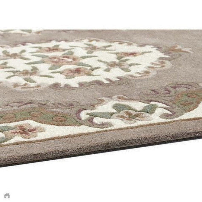 Shensi Traditional Floral Aubusson Medallion Border Oriental Chinese Style Hand-Carved Hi-Low Textured Wool Beige/Brown Semi-Circle Half Moon Hearth Rug-Origins-Rug Love - The Most Loved Rug Store