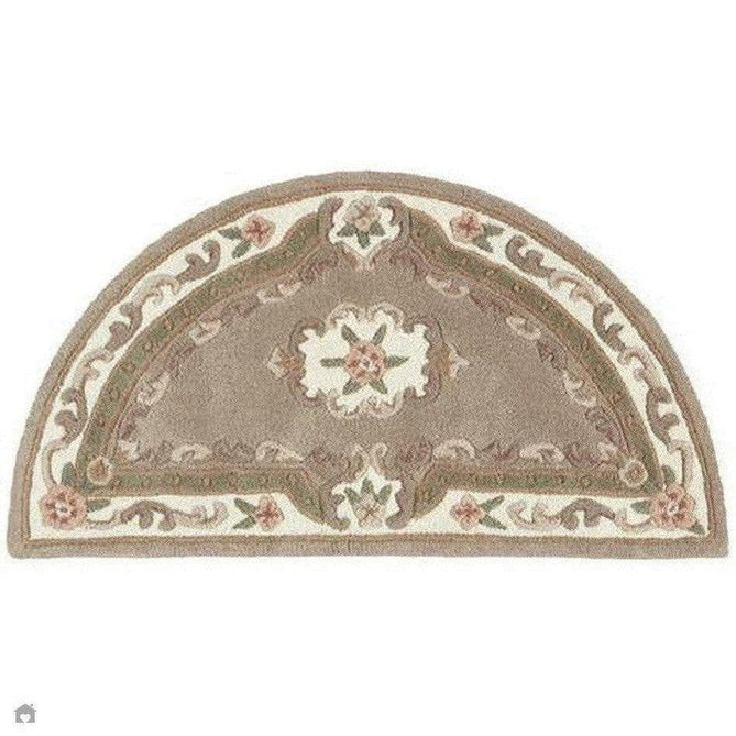 Shensi Traditional Floral Aubusson Medallion Border Oriental Chinese Style Hand-Carved Hi-Low Textured Wool Beige/Brown Semi-Circle Half Moon Hearth Rug-Origins-Rug Love - The Most Loved Rug Store