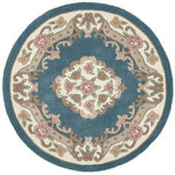 Shensi Traditional Floral Aubusson Medallion Border Oriental Chinese Style Hand-Carved Hi-Low Textured Wool Blue Round Rug