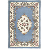 Shensi Traditional Floral Aubusson Medallion Border Oriental Chinese Style Hand-Carved Hi-Low Textured Wool Blue Rug