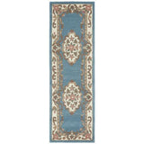 Shensi Traditional Floral Aubusson Medallion Border Oriental Chinese Style Hand-Carved Hi-Low Textured Wool Blue Runner