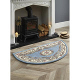 Shensi Traditional Floral Aubusson Medallion Border Oriental Chinese Style Hand-Carved Hi-Low Textured Wool Blue Semi-Circle Half Moon Hearth Rug