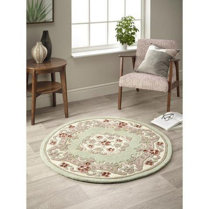 Shensi Traditional Floral Aubusson Medallion Border Oriental Chinese Style Hand-Carved Hi-Low Textured Wool Green Round Rug-Origins-Rug Love - The Most Loved Rug Store