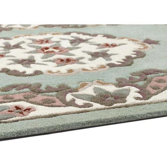Shensi Traditional Floral Aubusson Medallion Border Oriental Chinese Style Hand-Carved Hi-Low Textured Wool Green Round Rug-Origins-Rug Love - The Most Loved Rug Store