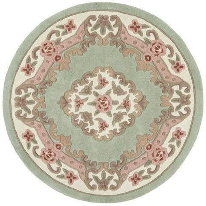 Shensi Traditional Floral Aubusson Medallion Border Oriental Chinese Style Hand-Carved Hi-Low Textured Wool Green Round Rug-Origins-Rug Love - The Most Loved Rug Store