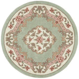 Shensi Traditional Floral Aubusson Medallion Border Oriental Chinese Style Hand-Carved Hi-Low Textured Wool Green Round Rug