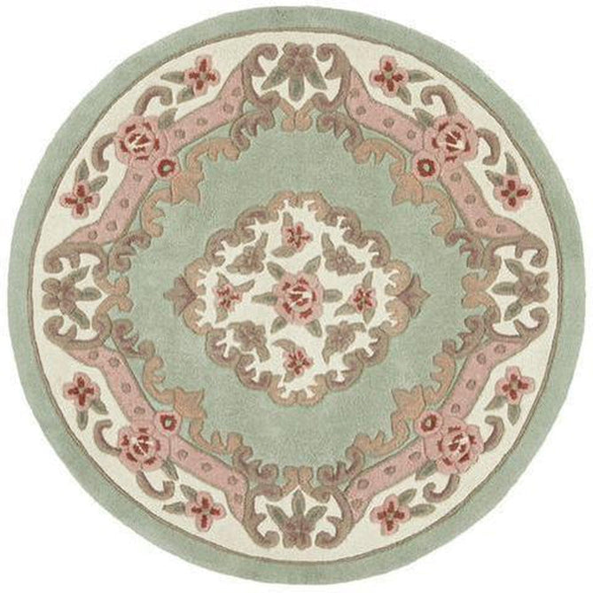 Shensi Traditional Floral Aubusson Medallion Border Oriental Chinese Style Hand-Carved Hi-Low Textured Wool Green Rug-Origins-Rug Love - The Most Loved Rug Store
