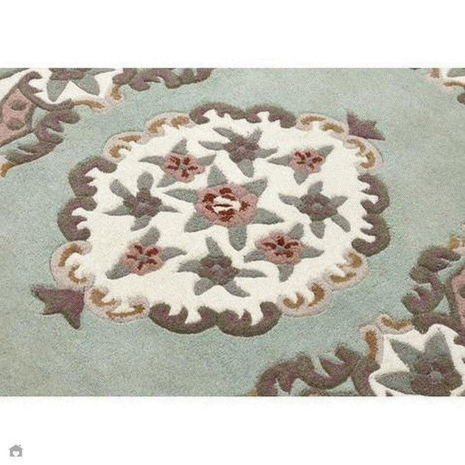 Shensi Traditional Floral Aubusson Medallion Border Oriental Chinese Style Hand-Carved Hi-Low Textured Wool Green Semi-Circle Half Moon Hearth Rug-Origins-Rug Love - The Most Loved Rug Store