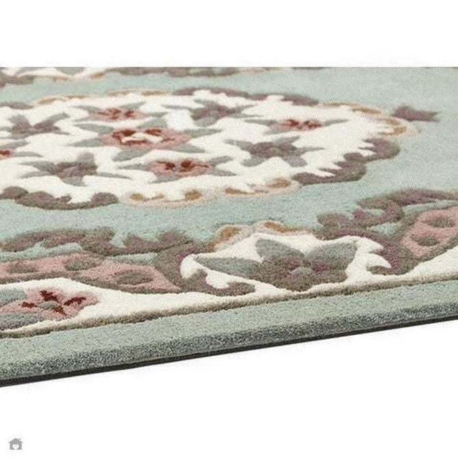 Shensi Traditional Floral Aubusson Medallion Border Oriental Chinese Style Hand-Carved Hi-Low Textured Wool Green Semi-Circle Half Moon Hearth Rug-Origins-Rug Love - The Most Loved Rug Store