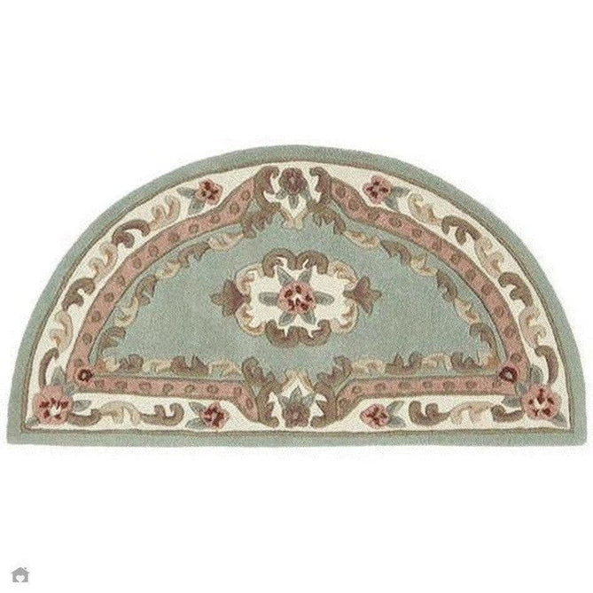 Shensi Traditional Floral Aubusson Medallion Border Oriental Chinese Style Hand-Carved Hi-Low Textured Wool Green Semi-Circle Half Moon Hearth Rug-Origins-Rug Love - The Most Loved Rug Store