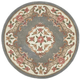 Shensi Traditional Floral Aubusson Medallion Border Oriental Chinese Style Hand-Carved Hi-Low Textured Wool Grey Round Rug