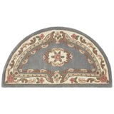 Shensi Traditional Floral Aubusson Medallion Border Oriental Chinese Style Hand-Carved Hi-Low Textured Wool Grey Semi-Circle Half Moon Hearth Rug