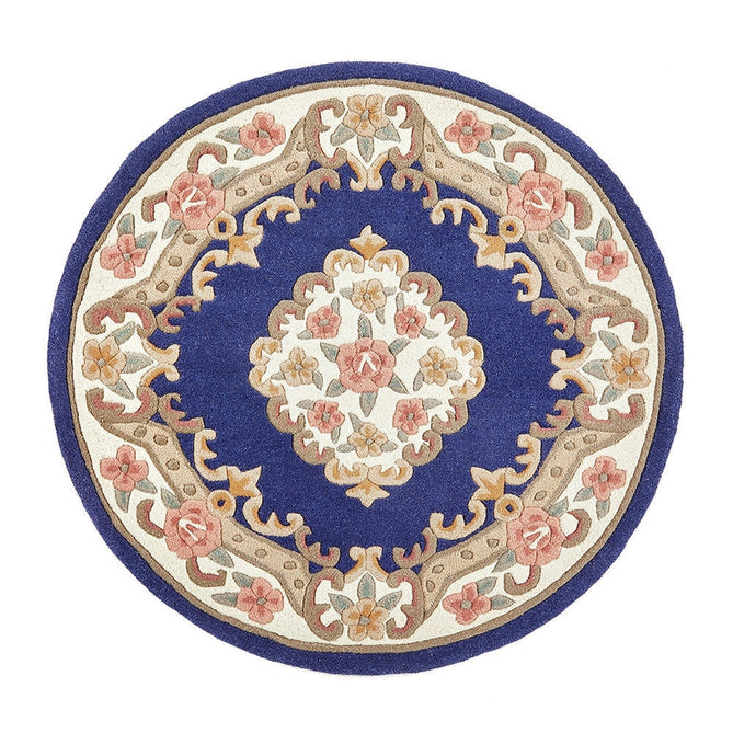Shensi Traditional Floral Aubusson Medallion Border Oriental Chinese Style Hand-Carved Hi-Low Textured Wool Navy Round Rug-Origins-Rug Love - The Most Loved Rug Store