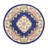 Shensi Traditional Floral Aubusson Medallion Border Oriental Chinese Style Hand-Carved Hi-Low Textured Wool Navy Round Rug