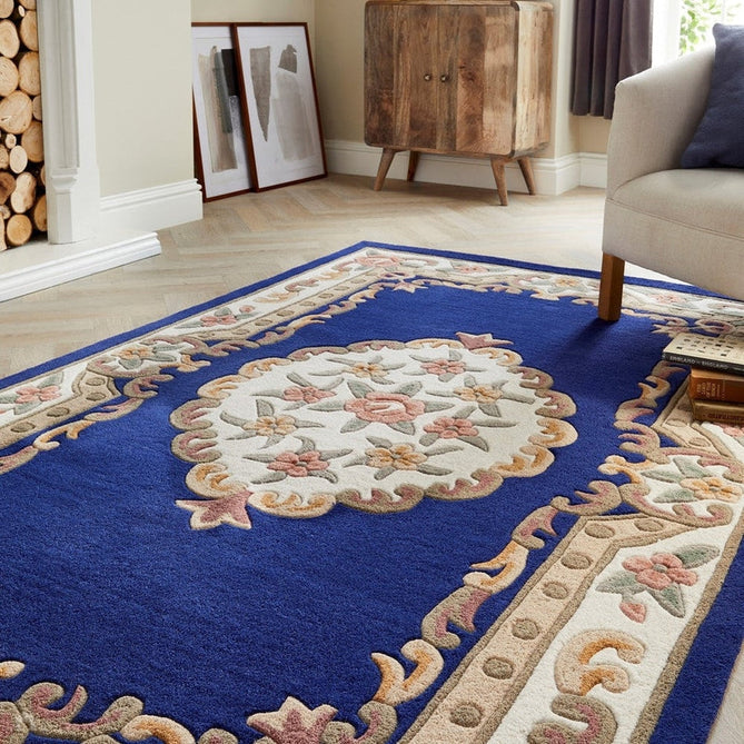 Shensi Traditional Floral Aubusson Medallion Border Oriental Chinese Style Hand-Carved Hi-Low Textured Wool Navy Rug-Origins-Rug Love - The Most Loved Rug Store