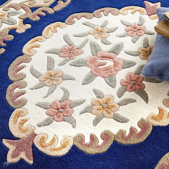 Shensi Traditional Floral Aubusson Medallion Border Oriental Chinese Style Hand-Carved Hi-Low Textured Wool Navy Rug-Origins-Rug Love - The Most Loved Rug Store