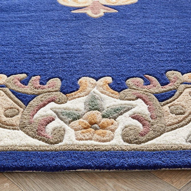 Shensi Traditional Floral Aubusson Medallion Border Oriental Chinese Style Hand-Carved Hi-Low Textured Wool Navy Rug-Origins-Rug Love - The Most Loved Rug Store