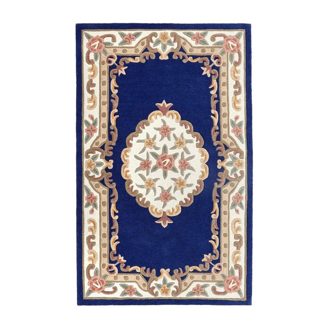 Shensi Traditional Floral Aubusson Medallion Border Oriental Chinese Style Hand-Carved Hi-Low Textured Wool Navy Rug-Origins-Rug Love - The Most Loved Rug Store