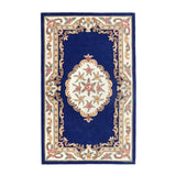 Shensi Traditional Floral Aubusson Medallion Border Oriental Chinese Style Hand-Carved Hi-Low Textured Wool Navy Rug