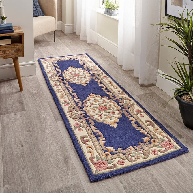 Shensi Traditional Floral Aubusson Medallion Border Oriental Chinese Style Hand-Carved Hi-Low Textured Wool Navy Runner-Origins-Rug Love - The Most Loved Rug Store