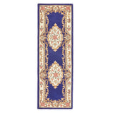 Shensi Traditional Floral Aubusson Medallion Border Oriental Chinese Style Hand-Carved Hi-Low Textured Wool Navy Runner