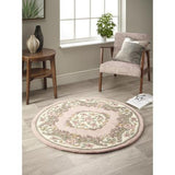 Shensi Traditional Floral Aubusson Medallion Border Oriental Chinese Style Hand-Carved Hi-Low Textured Wool Pink Round Rug