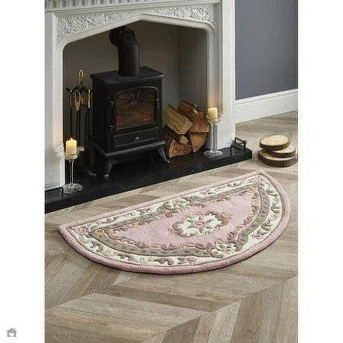 Shensi Traditional Floral Aubusson Medallion Border Oriental Chinese Style Hand-Carved Hi-Low Textured Wool Pink Semi-Circle Half Moon Hearth Rug-Origins-Rug Love - The Most Loved Rug Store