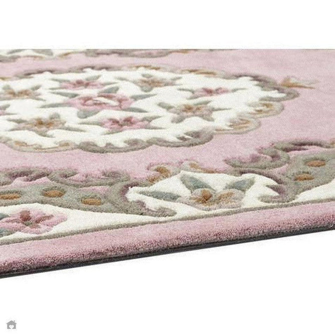 Shensi Traditional Floral Aubusson Medallion Border Oriental Chinese Style Hand-Carved Hi-Low Textured Wool Pink Semi-Circle Half Moon Hearth Rug-Origins-Rug Love - The Most Loved Rug Store