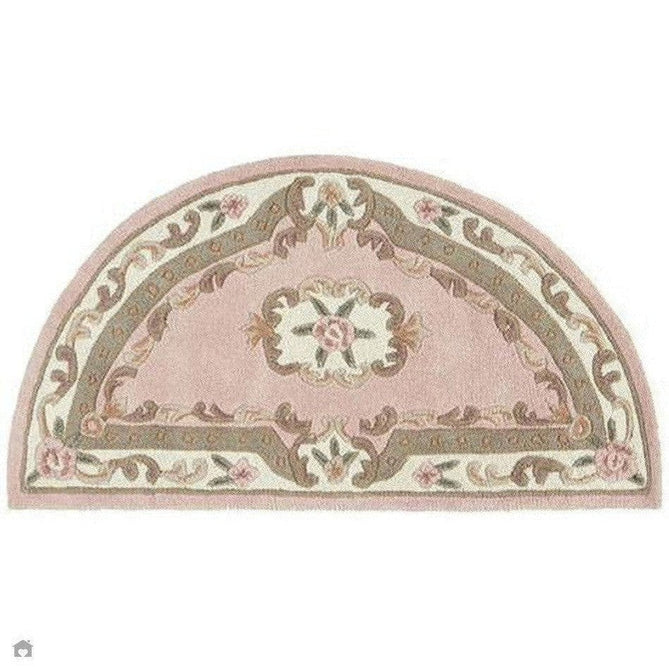 Shensi Traditional Floral Aubusson Medallion Border Oriental Chinese Style Hand-Carved Hi-Low Textured Wool Pink Semi-Circle Half Moon Hearth Rug-Origins-Rug Love - The Most Loved Rug Store