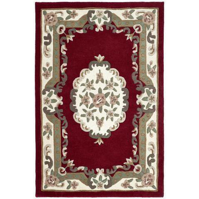 Shensi Traditional Floral Aubusson Medallion Border Oriental Chinese Style Hand-Carved Hi-Low Textured Wool Wine Rug-Origins-Rug Love - The Most Loved Rug Store