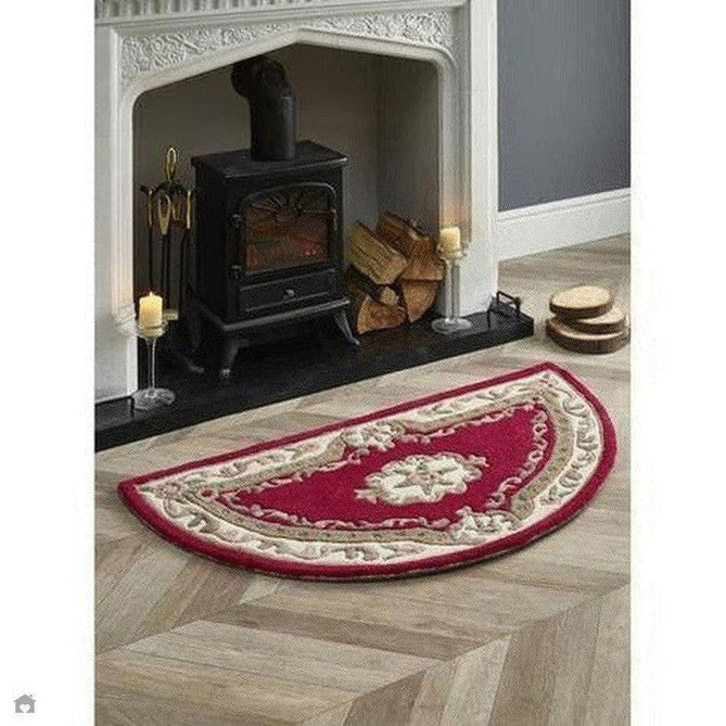 Shensi Traditional Floral Aubusson Medallion Border Oriental Chinese Style Hand-Carved Hi-Low Textured Wool Wine Semi-Circle Half Moon Hearth Rug-Origins-Rug Love - The Most Loved Rug Store