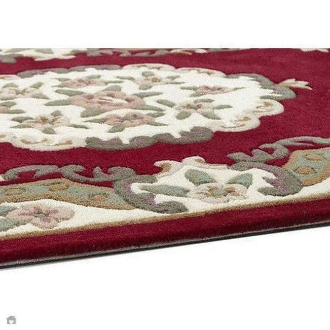 Shensi Traditional Floral Aubusson Medallion Border Oriental Chinese Style Hand-Carved Hi-Low Textured Wool Wine Semi-Circle Half Moon Hearth Rug-Origins-Rug Love - The Most Loved Rug Store