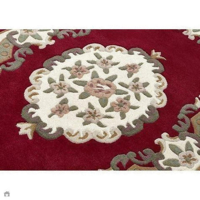 Shensi Traditional Floral Aubusson Medallion Border Oriental Chinese Style Hand-Carved Hi-Low Textured Wool Wine Semi-Circle Half Moon Hearth Rug-Origins-Rug Love - The Most Loved Rug Store