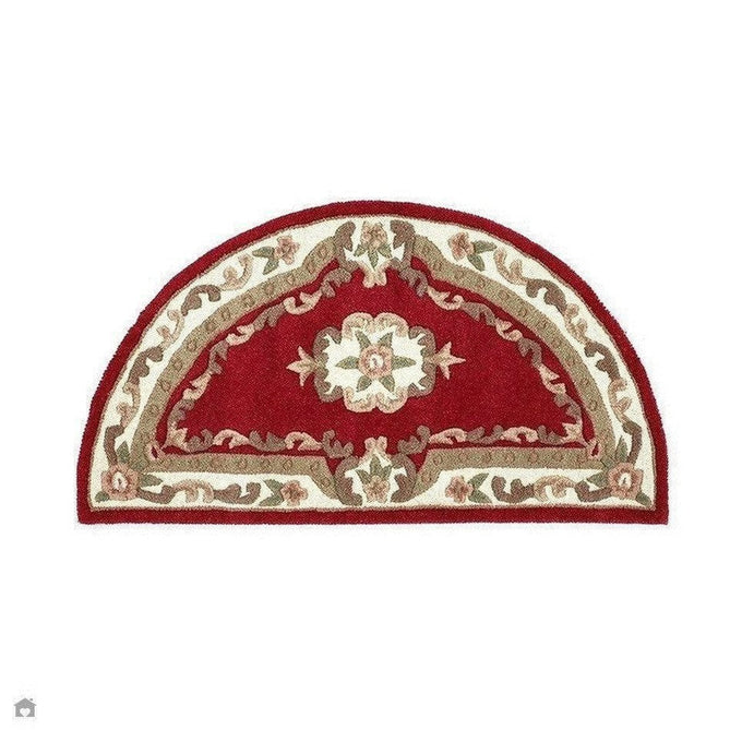 Shensi Traditional Floral Aubusson Medallion Border Oriental Chinese Style Hand-Carved Hi-Low Textured Wool Wine Semi-Circle Half Moon Hearth Rug-Origins-Rug Love - The Most Loved Rug Store
