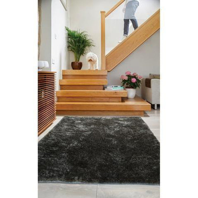Shimmer Sparkle Soft Plain Silky Fine Yarn Polyester Shaggy Charcoal Rug-Origins-Rug Love - The Most Loved Rug Store