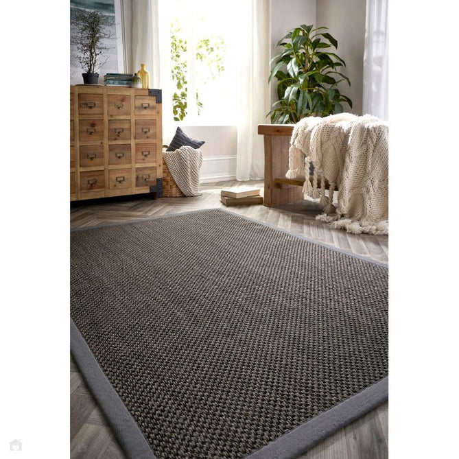 Sisal Border Plain Hand-Woven Textured Natural Fibre Flatweave Dark Grey/Grey Border Rug 200x290cm