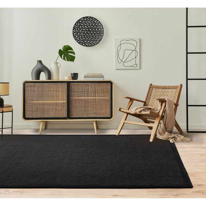 Sisal Cotton Border Plain Natural Fibre Ribbed Textured Flatweave Black/Black Rug-Asiatic Carpets-Rug Love - The Most Loved Rug Store