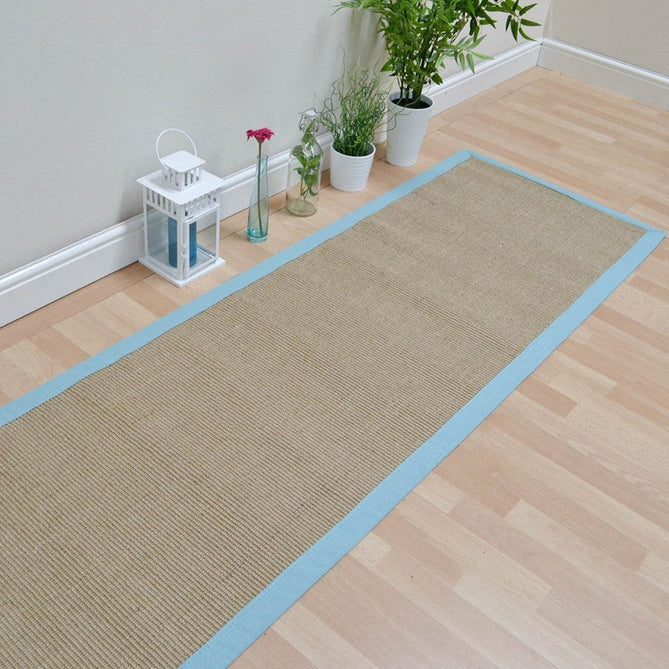 Sisal Cotton Border Plain Natural Fibre Ribbed Textured Flatweave Linen/Aqua Runner-Asiatic Carpets-Rug Love - The Most Loved Rug Store
