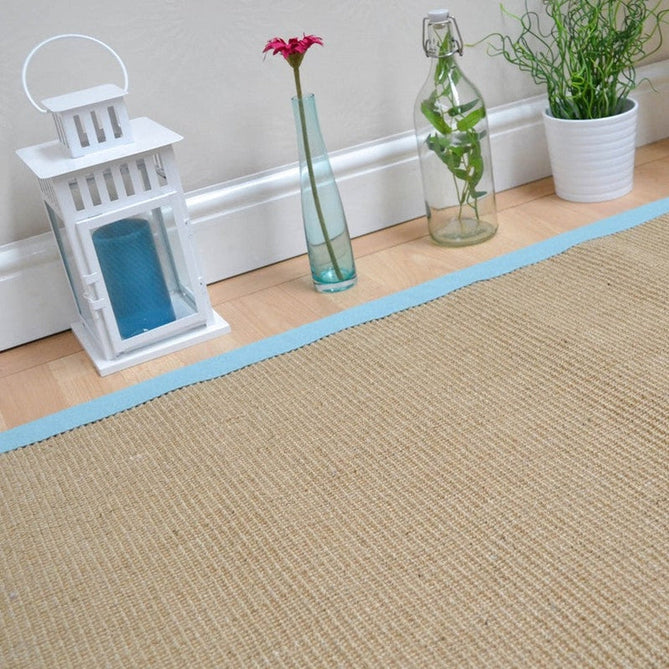 Sisal Cotton Border Plain Natural Fibre Ribbed Textured Flatweave Linen/Aqua Runner-Asiatic Carpets-Rug Love - The Most Loved Rug Store