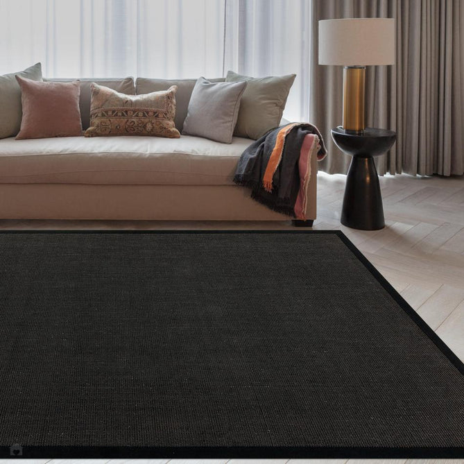 Sisal Modern Plain Cotton Border Natural-Fibre Ribbed Textured Flatweave Black/Black Runner-Asiatic Carpets-Rug Love - The Most Loved Rug Store