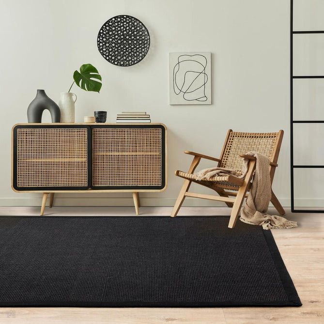 Sisal Modern Plain Cotton Border Natural-Fibre Ribbed Textured Flatweave Black/Black Runner-Asiatic Carpets-Rug Love - The Most Loved Rug Store