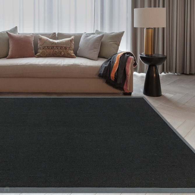 Sisal Modern Plain Cotton Border Natural-Fibre Ribbed Textured Flatweave Black/Steel Grey Rug-Asiatic Carpets-Rug Love - The Most Loved Rug Store